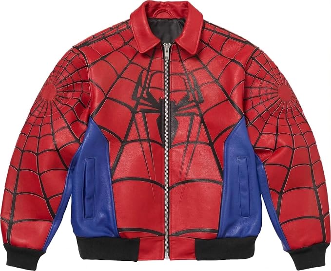 Spiderman Web-Print Red & Blue Leather Jacket