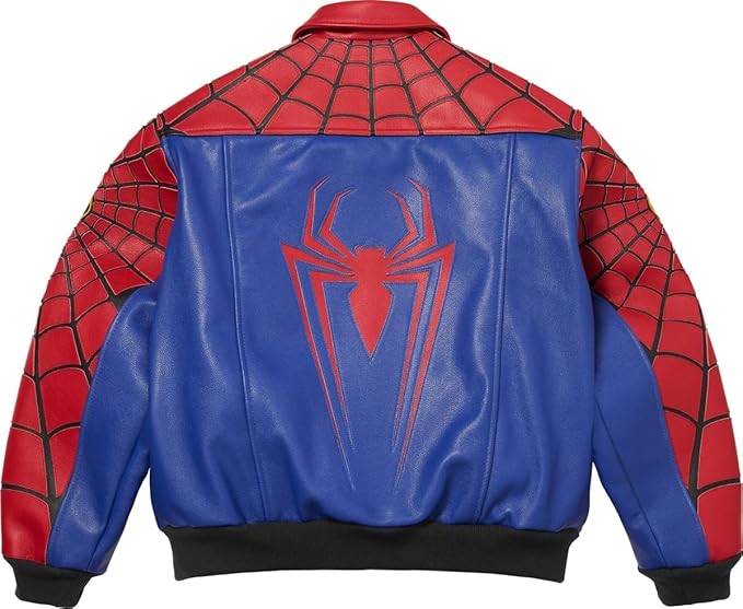 Spiderman Web-Print Red & Blue Leather Jacket