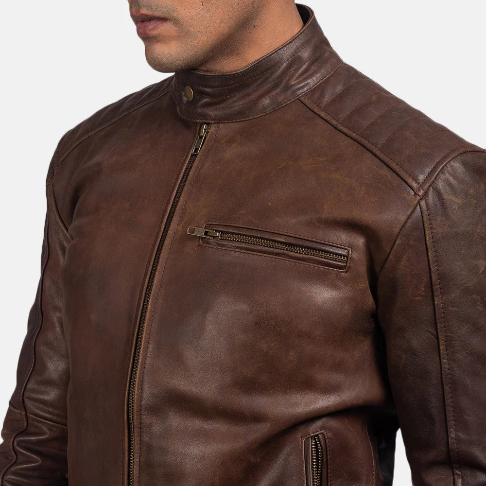Men's Brown Genuine Leather Cafe Racer Jacket