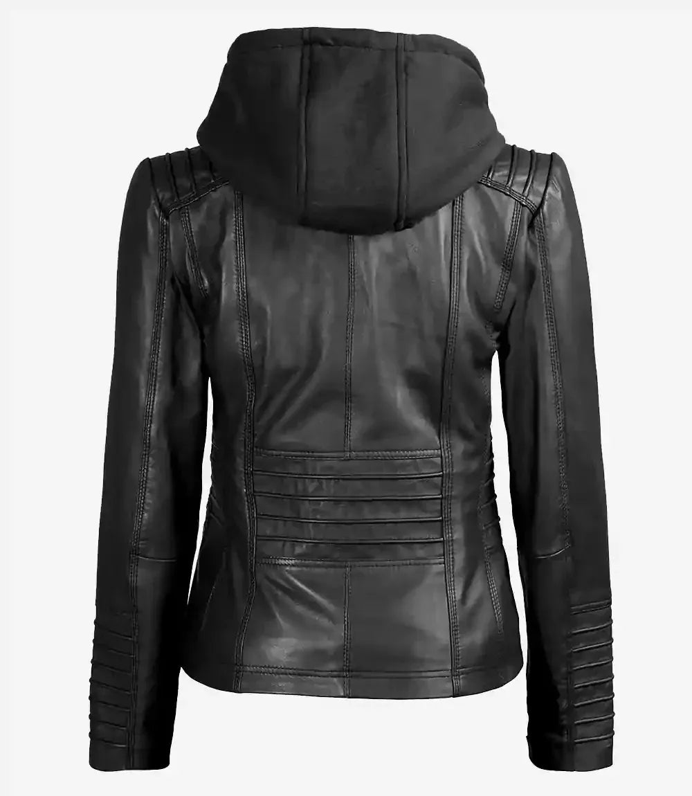 Avery Black Leather Hooded Jacket