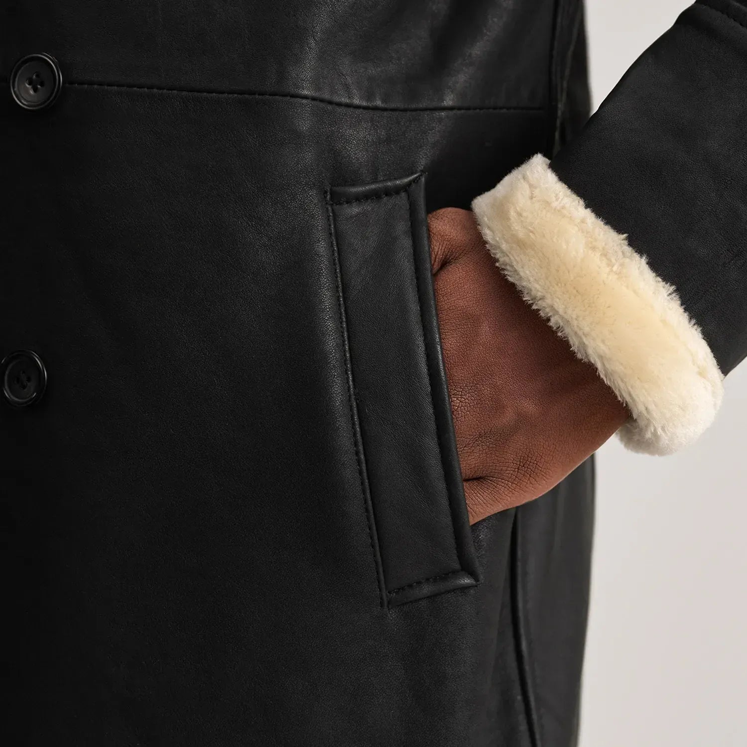 Kingston Black Leather Shearling Double-Breasted Coat