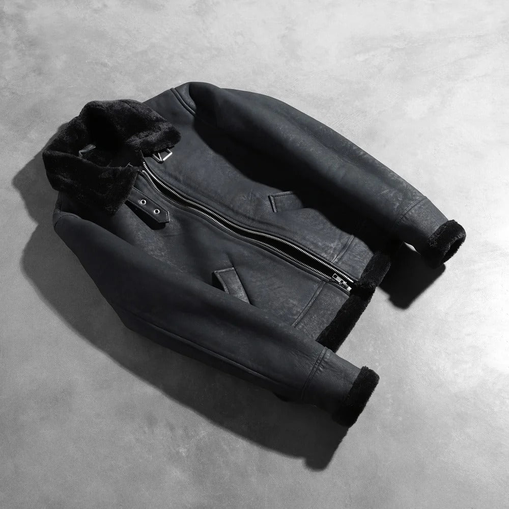 Sherilyn B-3 Distressed Black Leather Aviator Jacket