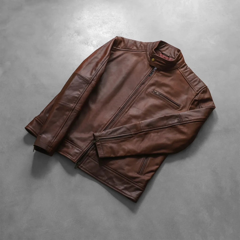Men's Brown Genuine Leather Cafe Racer Jacket