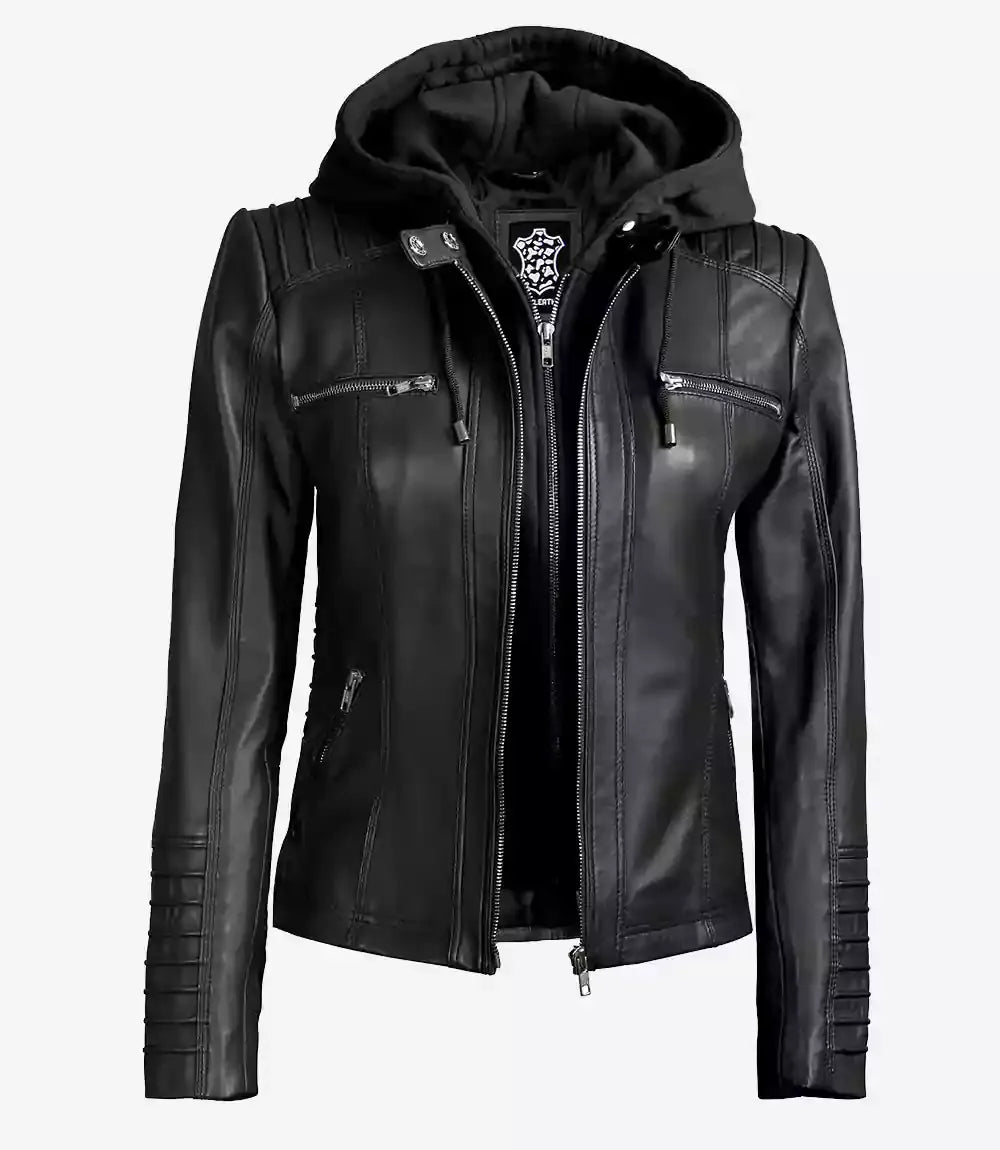 Avery Black Leather Hooded Jacket