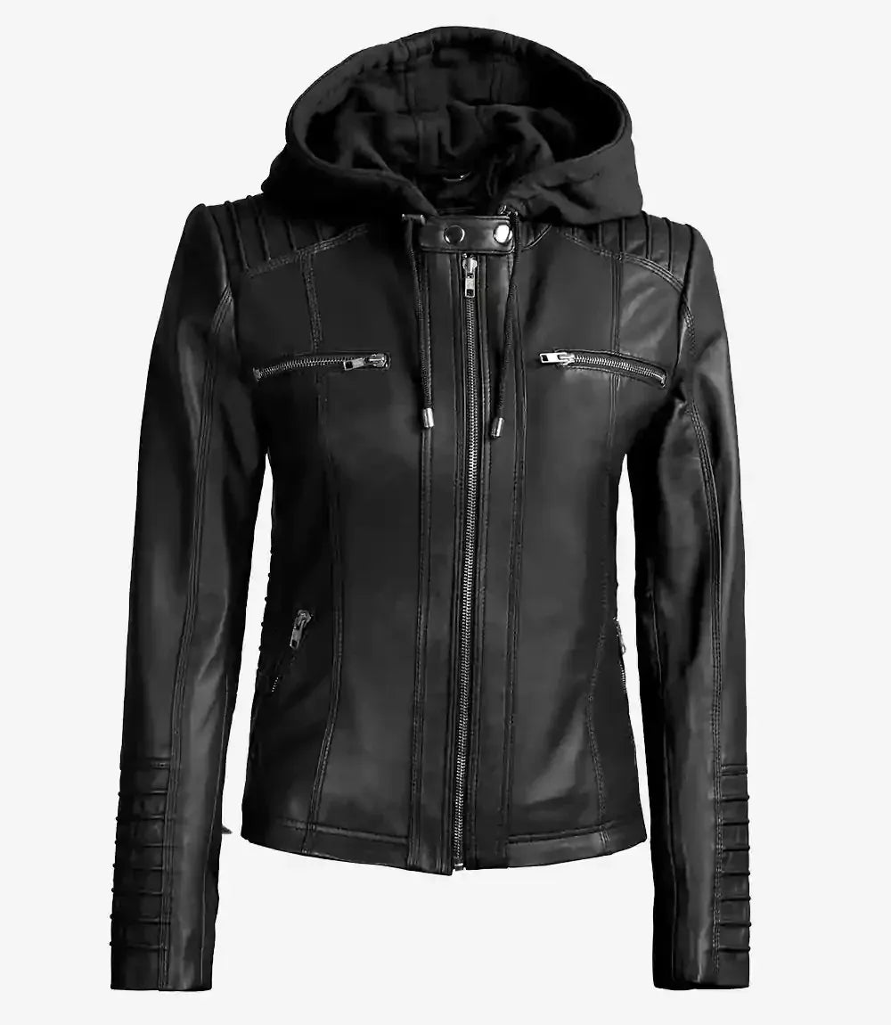 Avery Black Leather Hooded Jacket