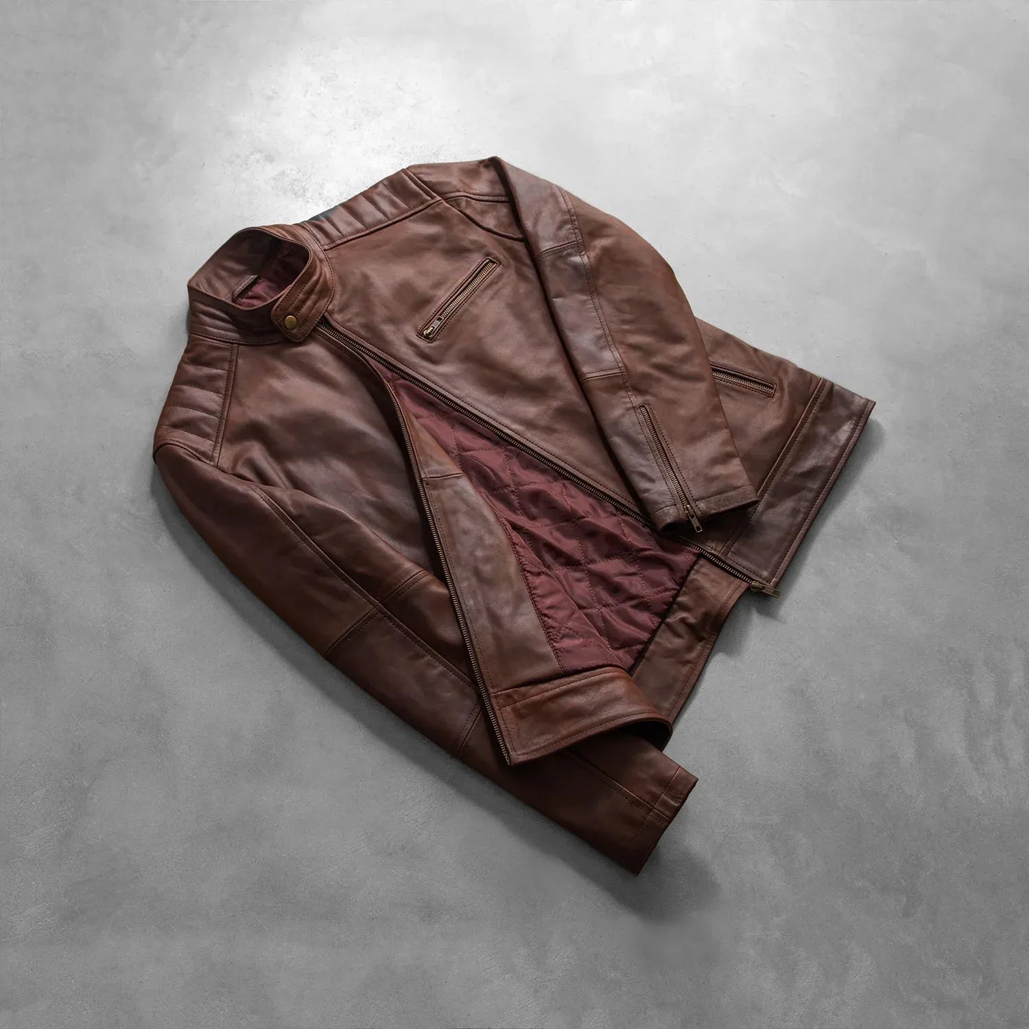 Men's Brown Genuine Leather Cafe Racer Jacket