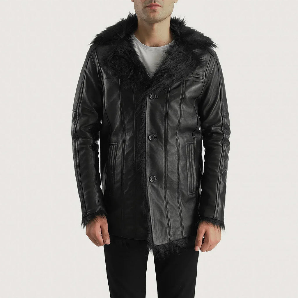 Raven Black Leather Coat with Faux Fur Trim – Men's Winter Coat