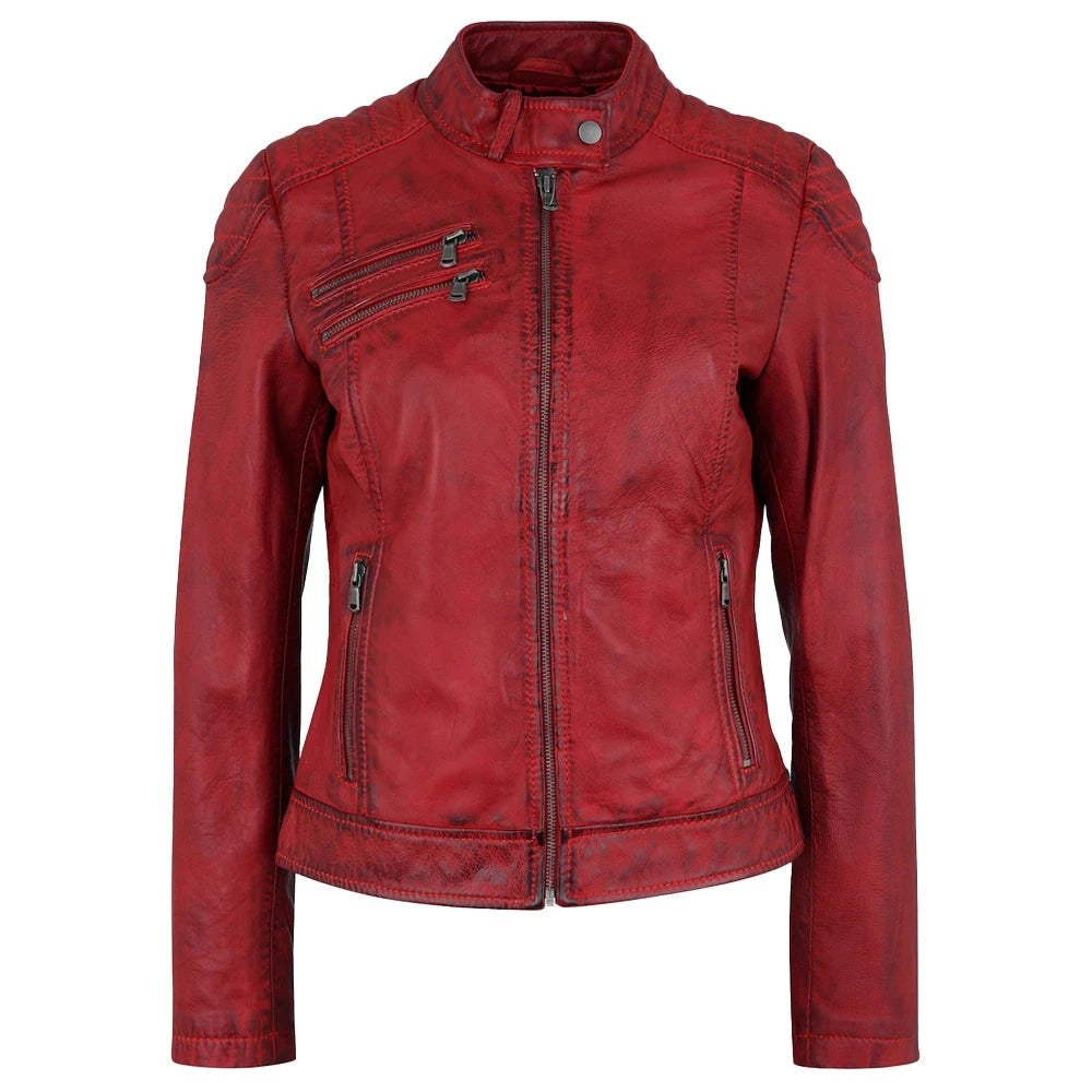 Apple Red Leather Biker Jacket Women's