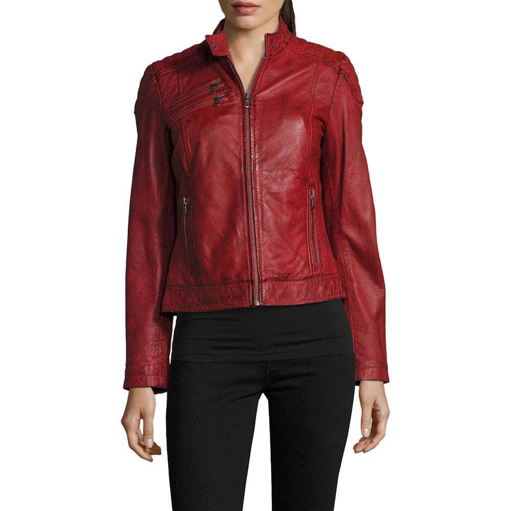 Apple Red Leather Biker Jacket Women's
