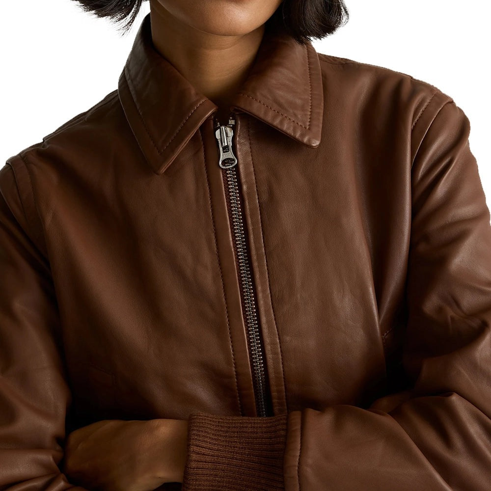 Cropped Brown Bomber Leather Jacket Women’s