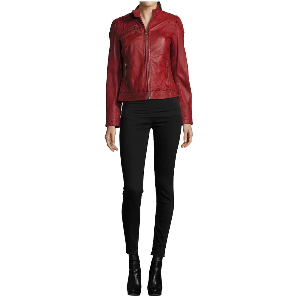 Apple Red Leather Biker Jacket Women's