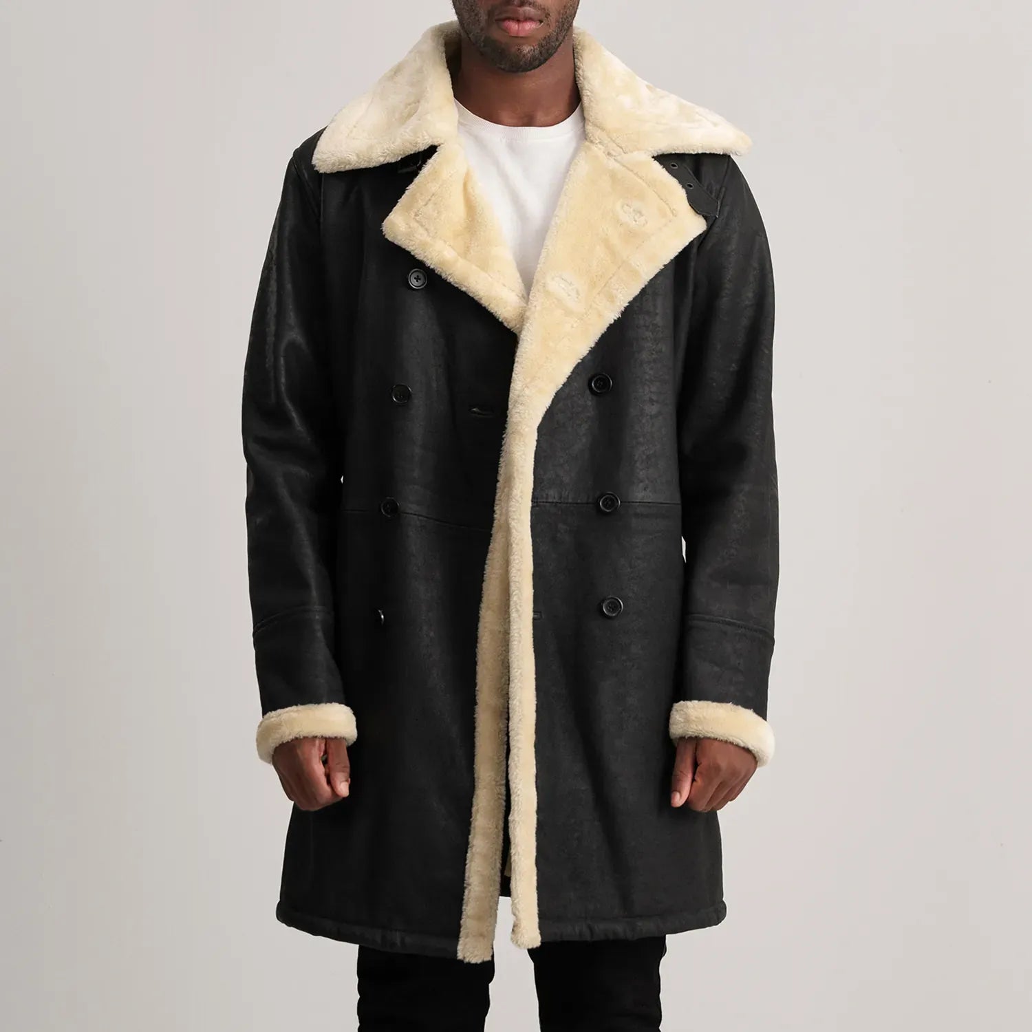 Kingston Black Leather Shearling Double-Breasted Coat
