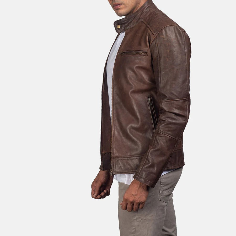Men's Brown Genuine Leather Cafe Racer Jacket