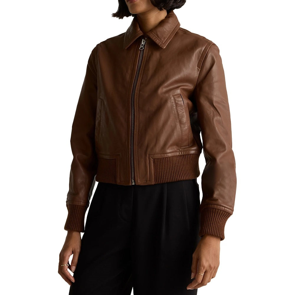 Cropped Brown Bomber Leather Jacket Women’s