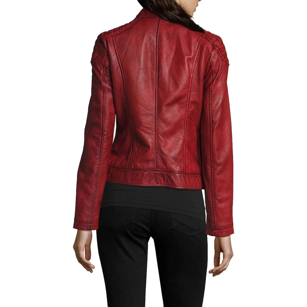 Apple Red Leather Biker Jacket Women's