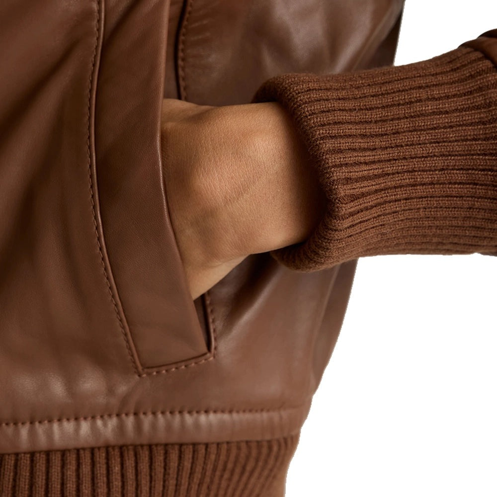 Cropped Brown Bomber Leather Jacket Women’s