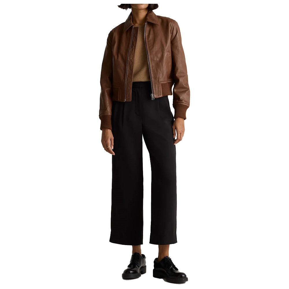 Cropped Brown Bomber Leather Jacket Women’s
