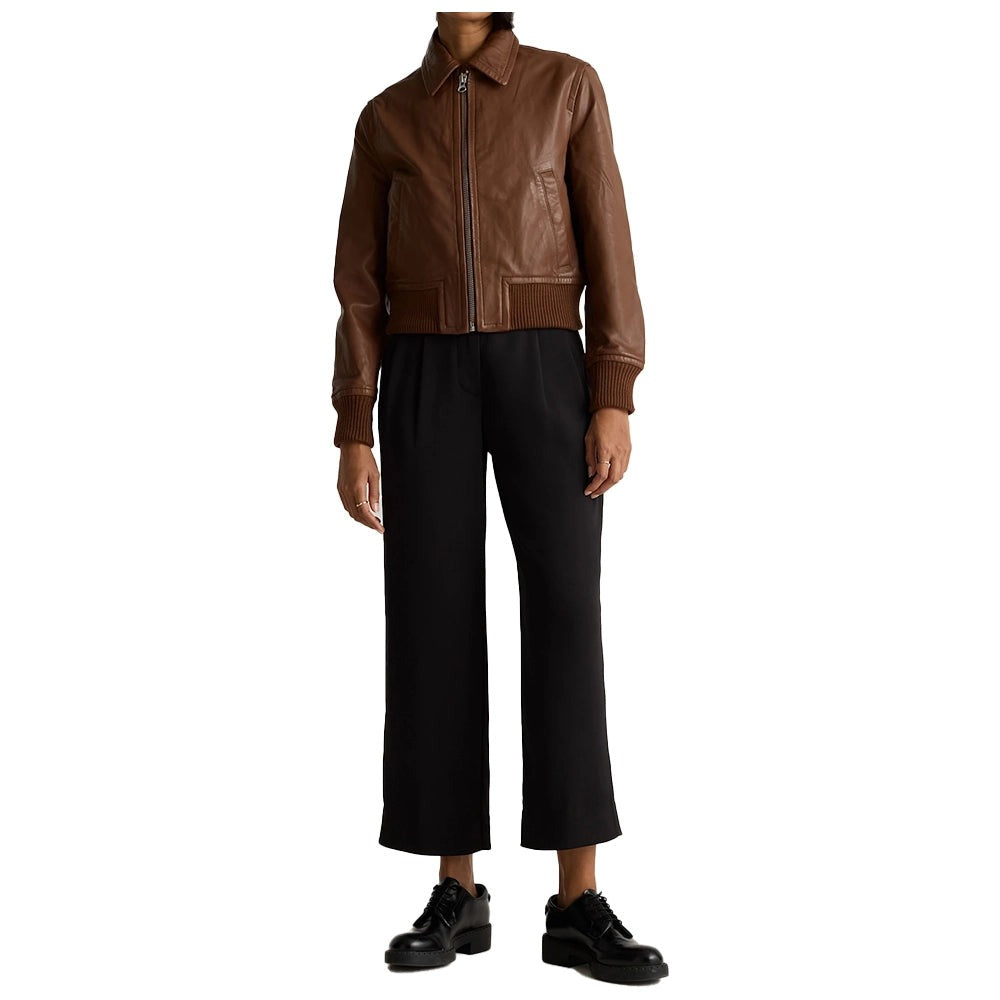 Cropped Brown Bomber Leather Jacket Women’s