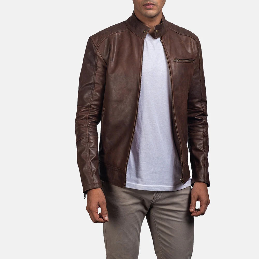 Men's Brown Genuine Leather Cafe Racer Jacket