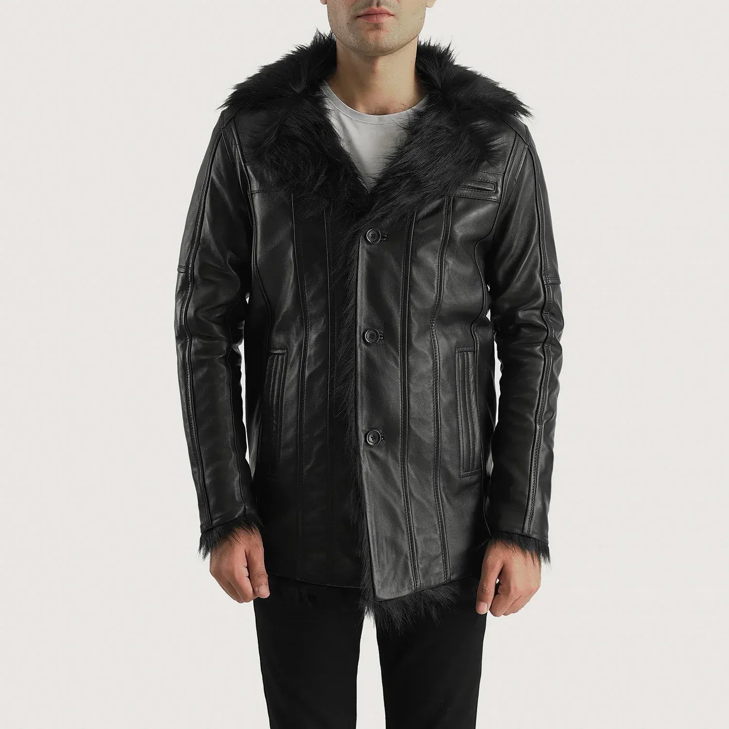 Raven Black Leather Coat with Faux Fur Trim – Men's Winter Coat