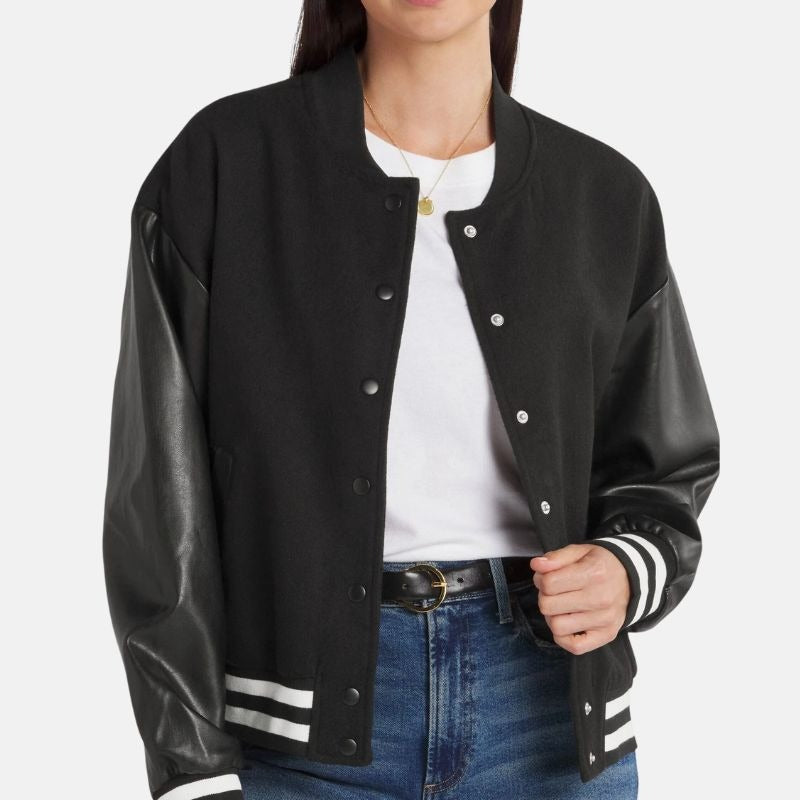 Women’s Black Lettermen Varsity Jacket With Leather Sleeves