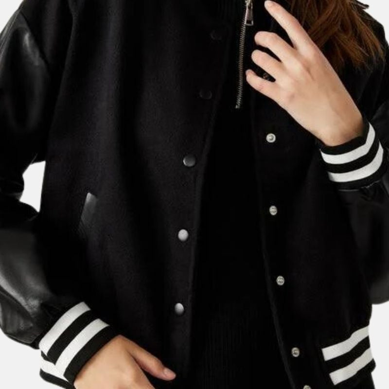 Women’s Black Lettermen Varsity Jacket With Leather Sleeves