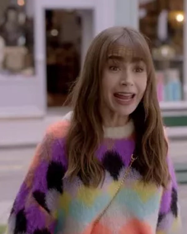 Emily In Paris Season 3 Lily Collins Multi-Color Knit Sweater