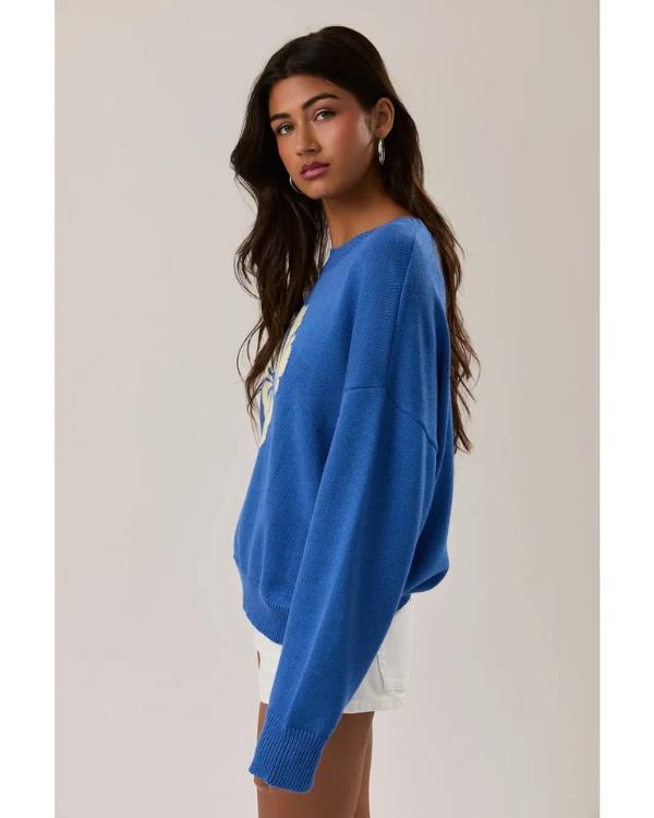 Battle On The Beach Season 5 Blue Hibiscus Floral Print Knit Pullover Sweater
