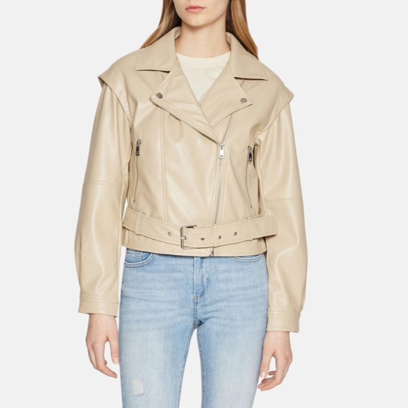 Moto Style Beige Leather Jacket Womens