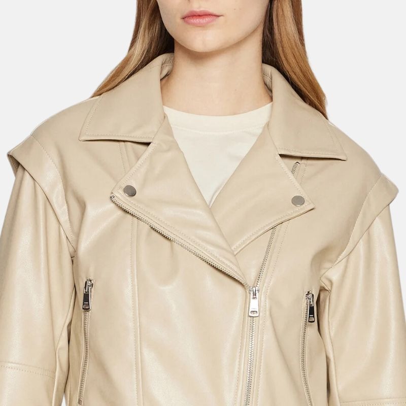 Moto Style Beige Leather Jacket Womens