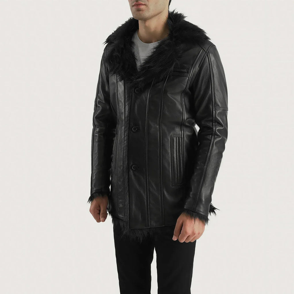 Raven Black Leather Coat with Faux Fur Trim – Men's Winter Coat
