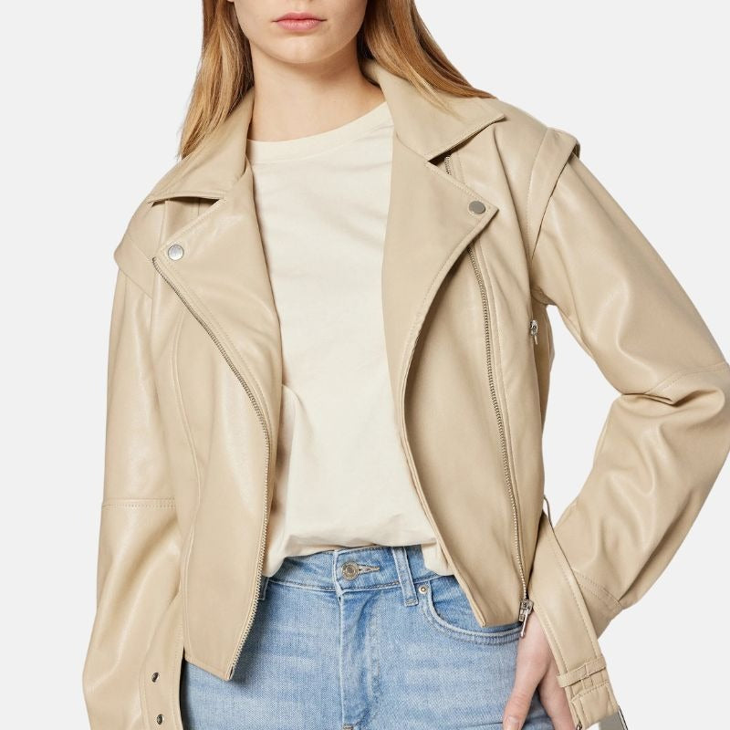 Moto Style Beige Leather Jacket Womens