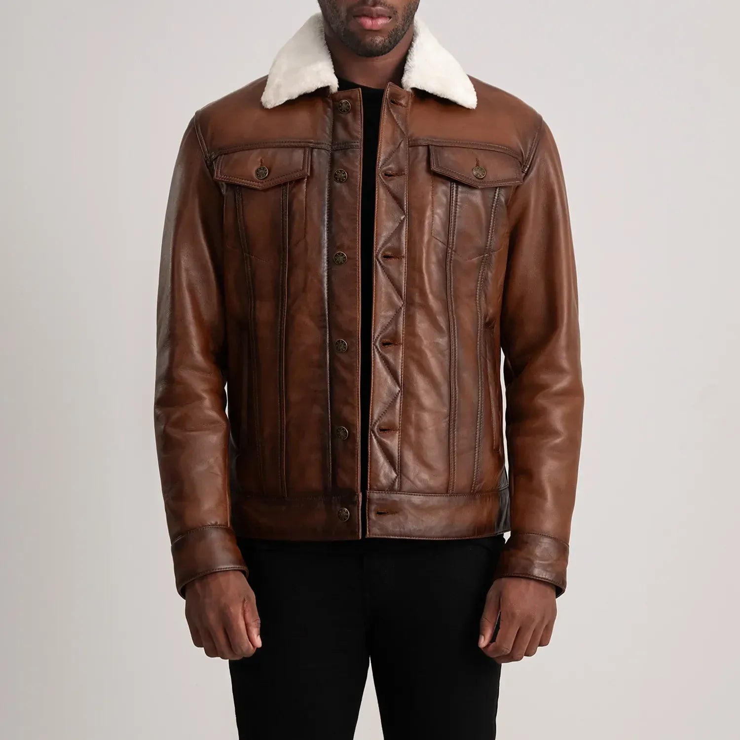 Maverick Brown Shearling Trucker Jacket – Men's Genuine Leather Winter Jacket