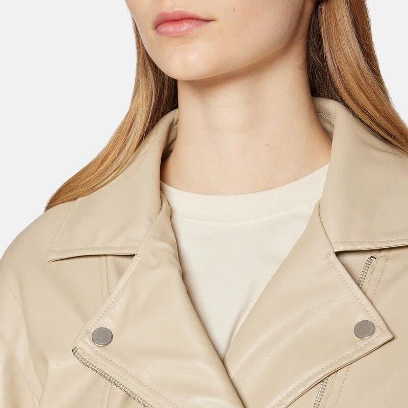 Moto Style Beige Leather Jacket Womens