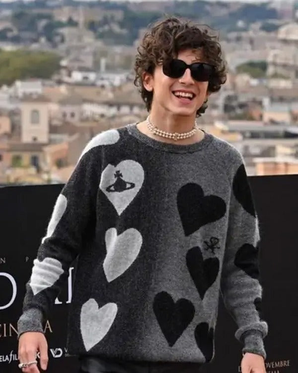 Timothée Chalamet Bones and All 2022 Grey & Black Heart Pattern Knit Sweater