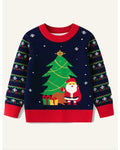 Festive Santa Claus & Christmas Tree Navy Blue & Red Holiday Knit Sweater