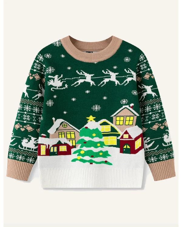 Festive Christmas Tree & Village Green Holiday Knit Sweater with Reindeer Print