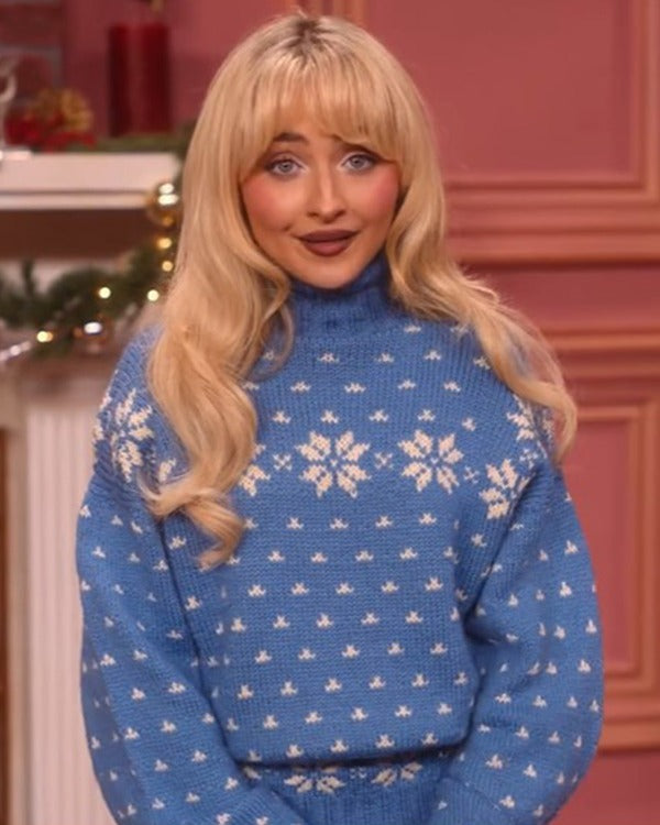 Sabrina Carpenter A Nonsense Christmas 2024 Blue & White Snowflake Turtleneck Knit Sweater