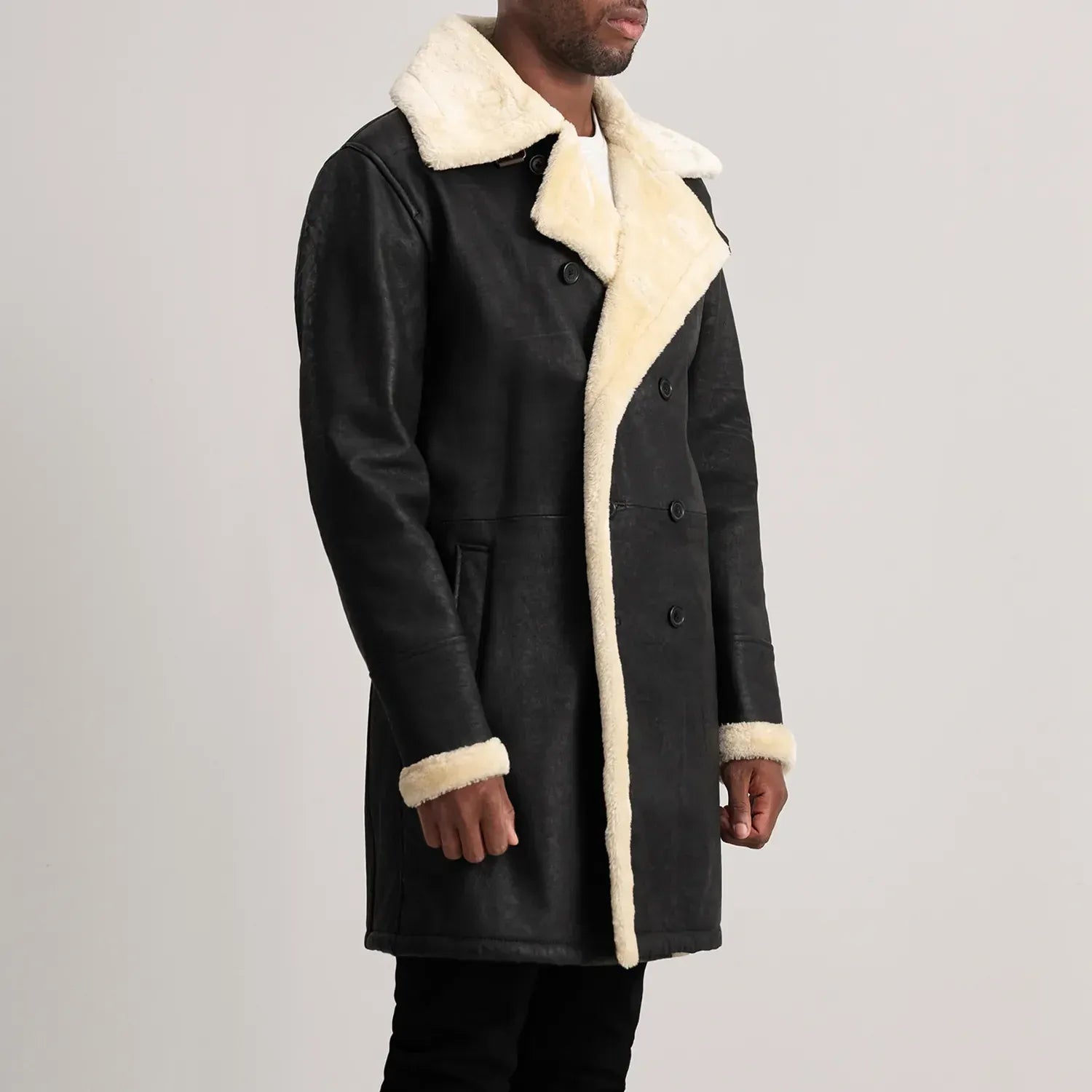 Kingston Black Leather Shearling Double-Breasted Coat