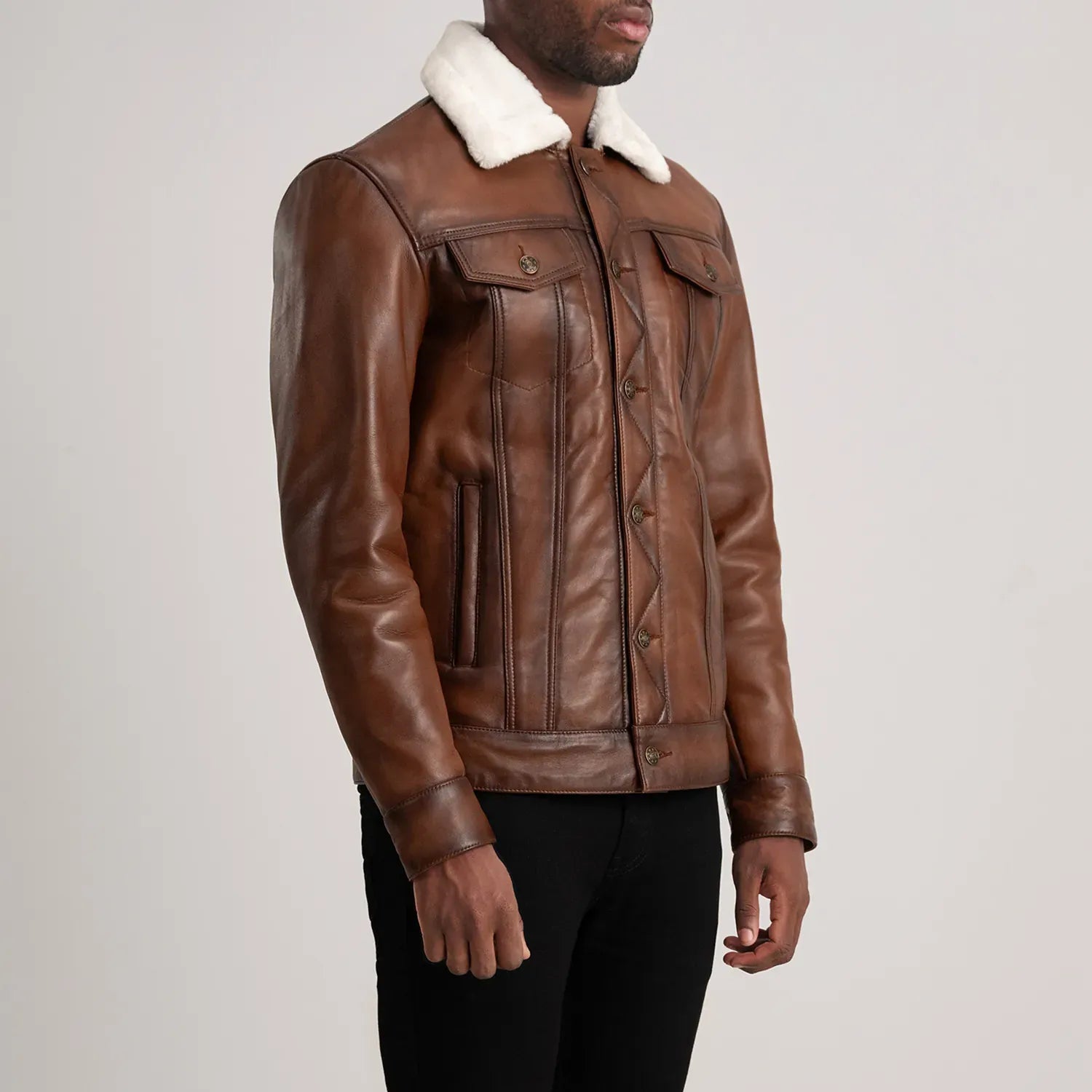 Maverick Brown Shearling Trucker Jacket – Men's Genuine Leather Winter Jacket