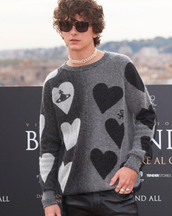 Timothée Chalamet Bones and All 2022 Grey & Black Heart Pattern Knit Sweater