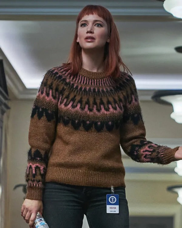 Jennifer Lawrence Don't Look Up Brown Fair Isle Knit Sweater