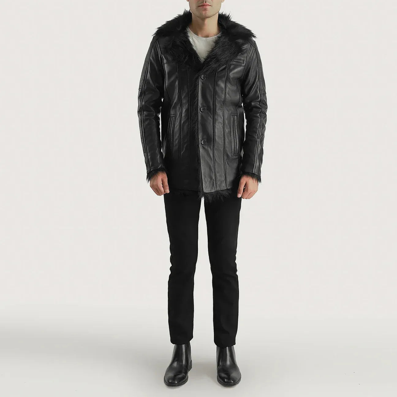 Raven Black Leather Coat with Faux Fur Trim – Men's Winter Coat