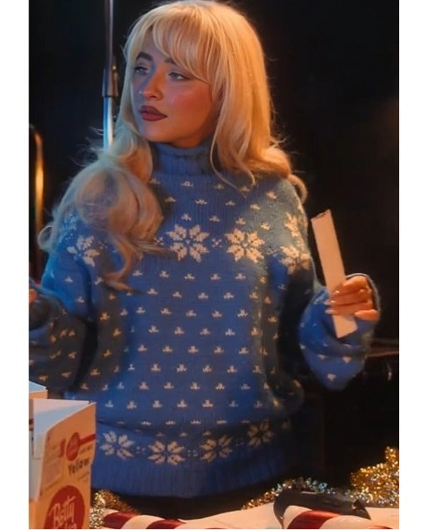 Sabrina Carpenter A Nonsense Christmas 2024 Blue & White Snowflake Turtleneck Knit Sweater