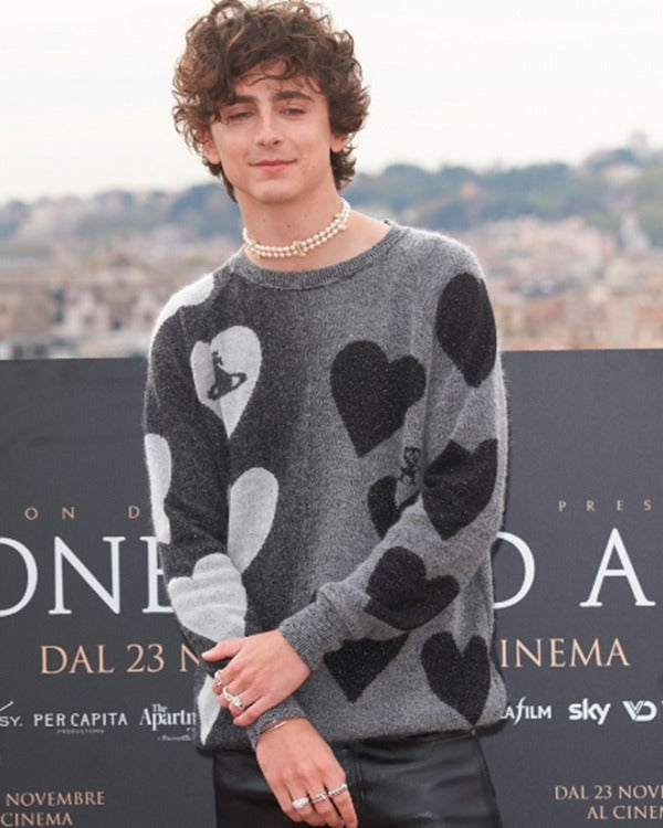 Timothée Chalamet Bones and All 2022 Grey & Black Heart Pattern Knit Sweater