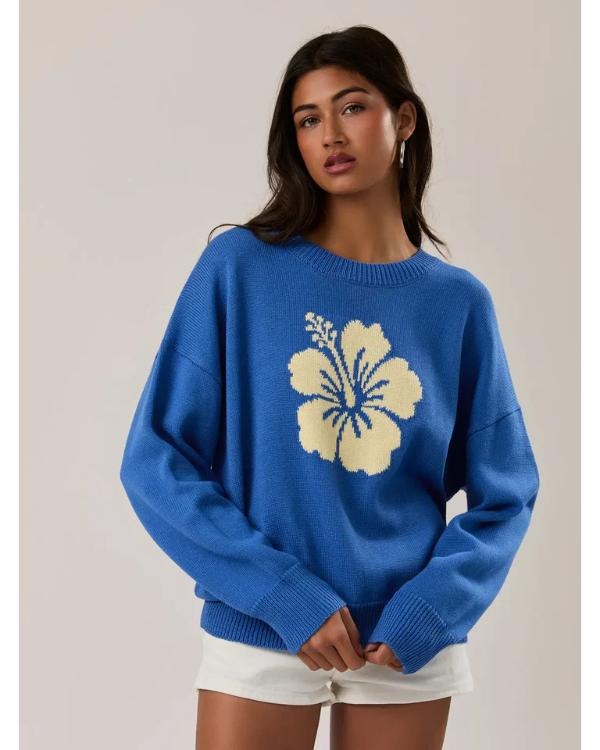 Battle On The Beach Season 5 Blue Hibiscus Floral Print Knit Pullover Sweater