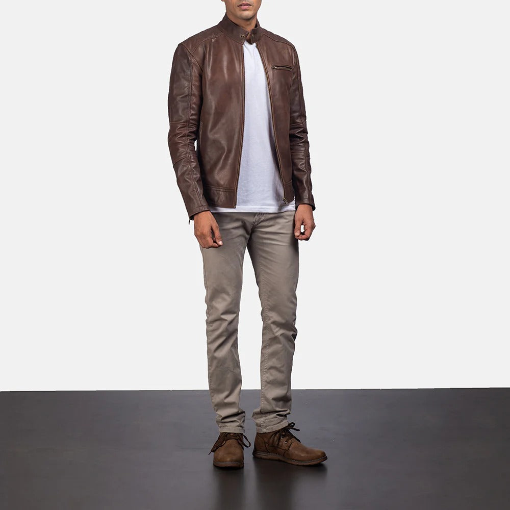 Men's Brown Genuine Leather Cafe Racer Jacket