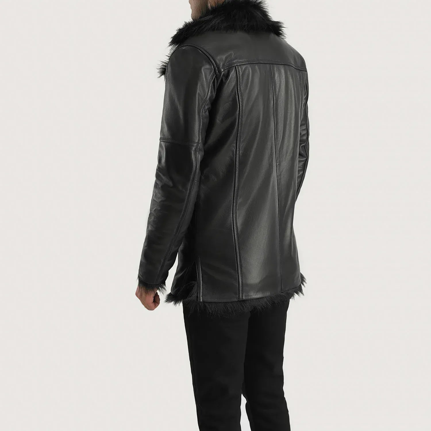 Raven Black Leather Coat with Faux Fur Trim – Men's Winter Coat
