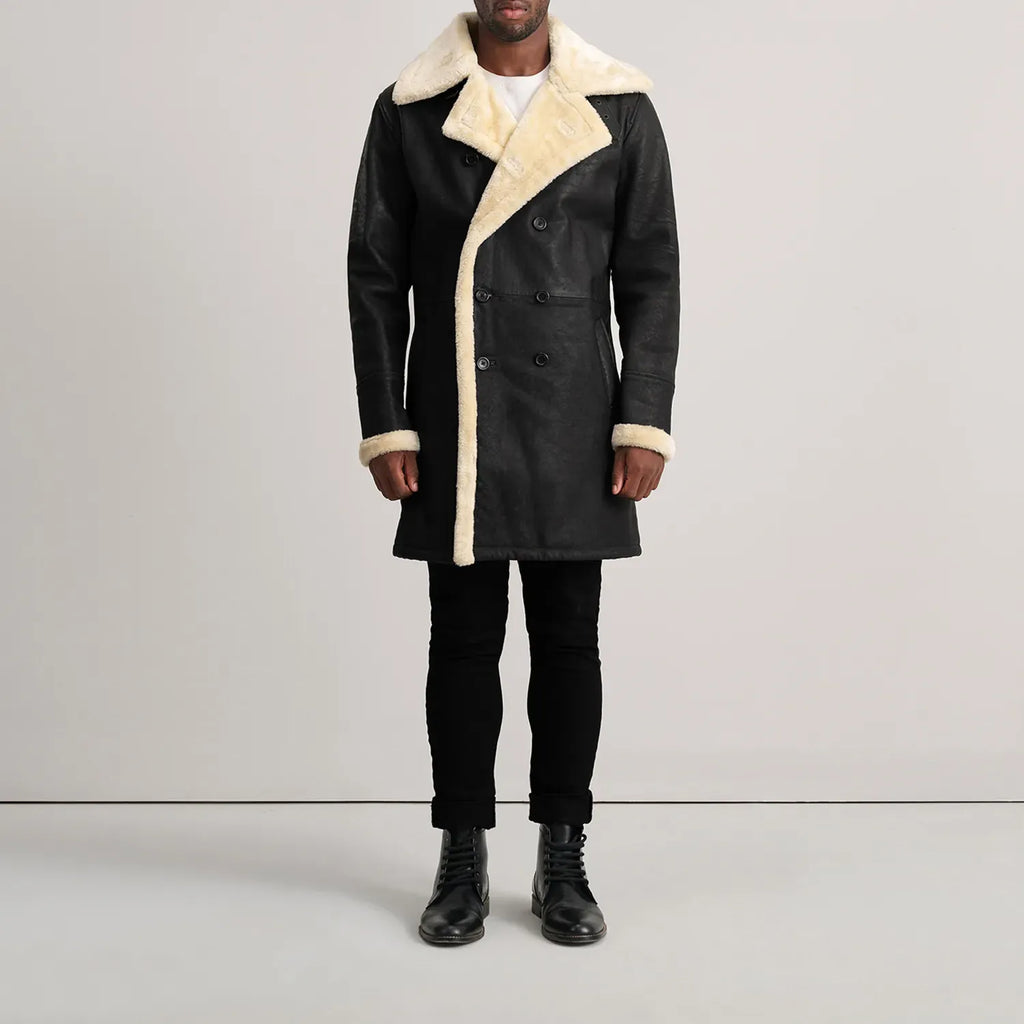 Kingston Black Leather Shearling Double-Breasted Coat