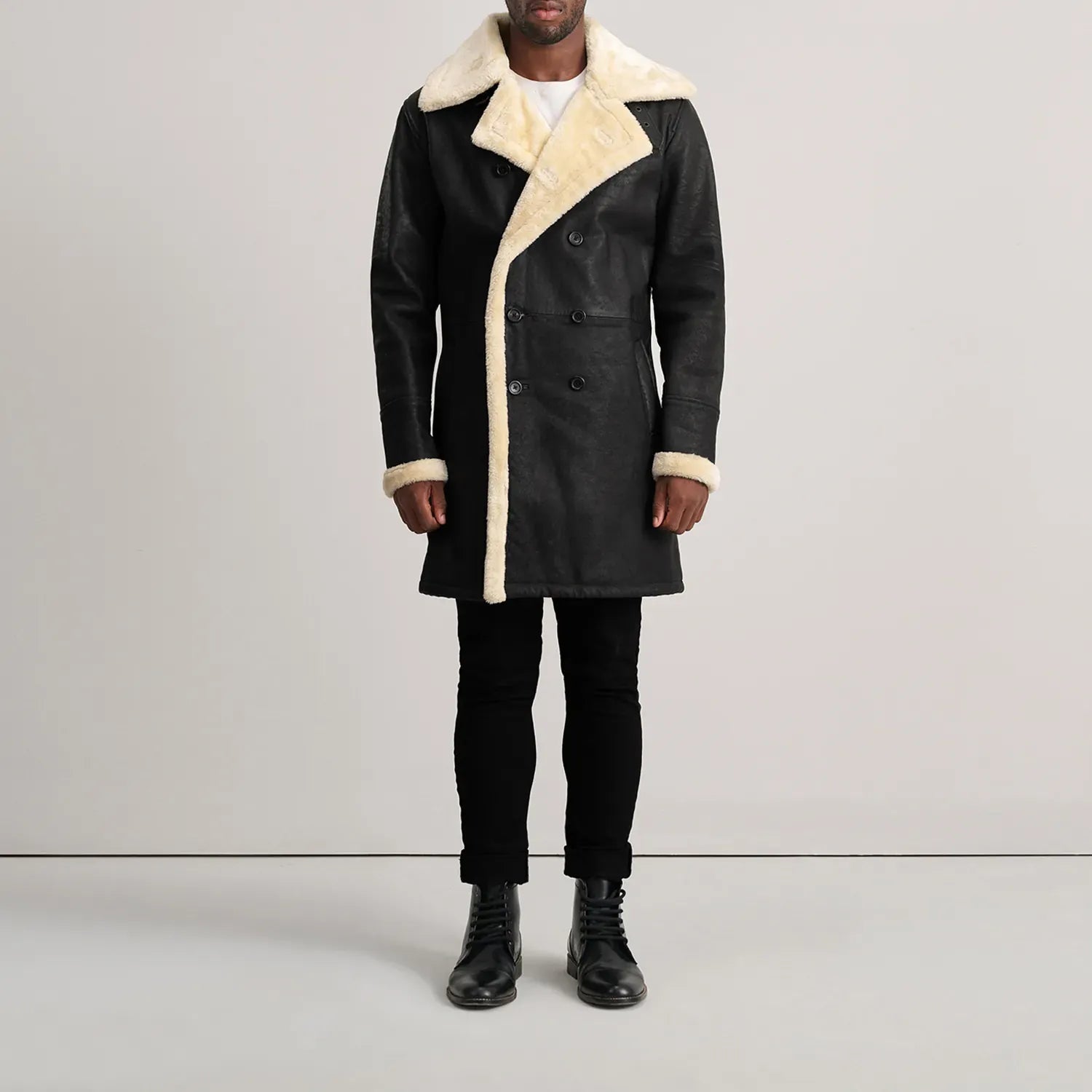 Kingston Black Leather Shearling Double-Breasted Coat
